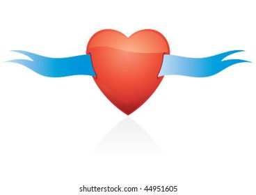 in red color heart and its blue ribbon