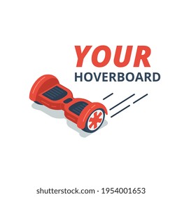 Red color hoverboard, cartoon style vector illustration, isometric icon.