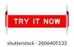 Red color inserted label banner with word try it now on white background