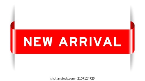 Red color inserted label banner with word new arrival on white background