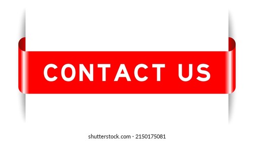 Red color inserted label banner with word contact us on white background