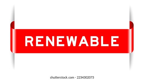 Red color inserted label banner with word renewable on white background