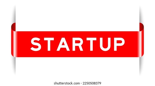 Red color inserted label banner with word startup on white background