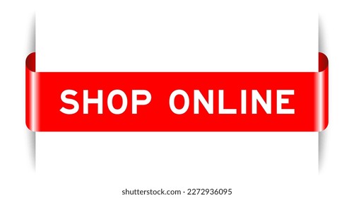 Red color inserted label banner with word shop online on white background