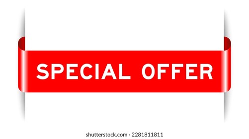 Red color inserted label banner with word special offer on white background
