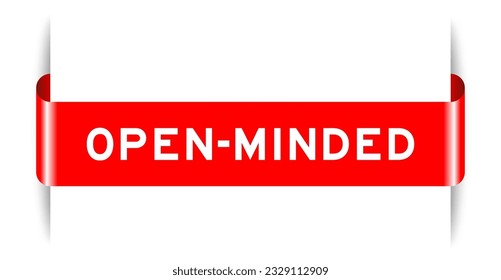 Red color inserted label banner with word open minded on white background