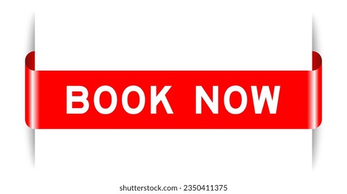 Red color inserted label banner with word book now on white background