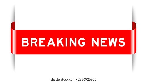 Red color inserted label banner with word breaking news on white background