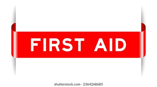 Red color inserted label banner with word first aid on white background