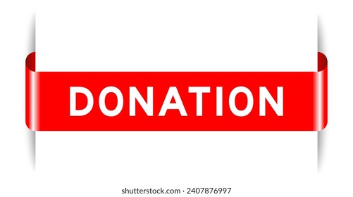 Red color inserted label banner with word donation on white background