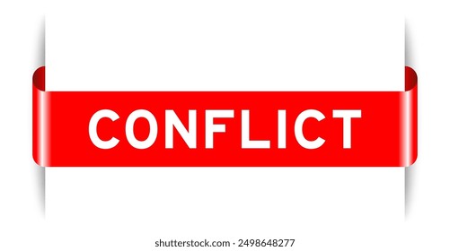 Red color inserted label banner with word conflict on white background