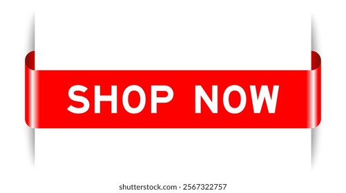 Red color inserted label banner with word shop now on white background