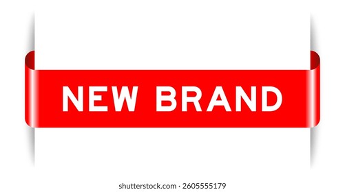 Red color inserted label banner with word new brand on white background