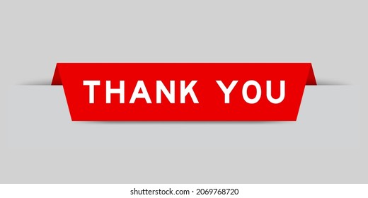 Red color inserted label with word thank you on gray background