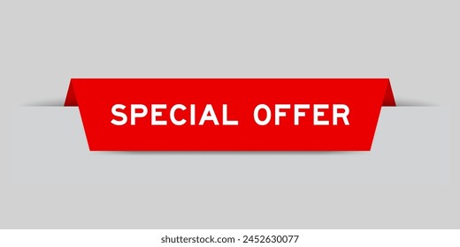 Red color inserted label with word special offer on gray background