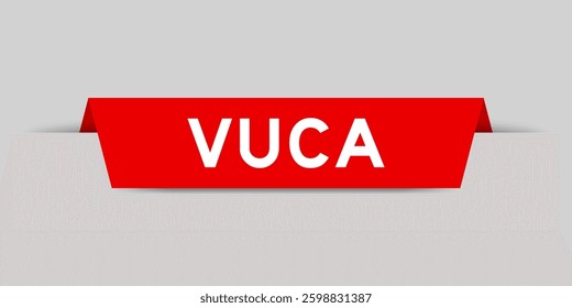 Red color inserted label with word VUCA (abbreviation of Volatility, uncertainty, complexity and ambiguity) on gray background
