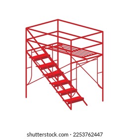 Red color isometric scaffolding frame for construction, industrial, maintenance, manufacture. Vector illustration.