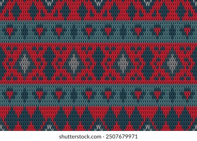 Red color Knitted Seamless, Pattern knitted, Winter Holiday Seamless Knitted Pattern, Jacquard knit effect ornament. Scandinavian style seamless, Soft rhombus argyle knitting texture geometric