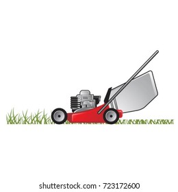 red color lawn mower on grass-vector drawing