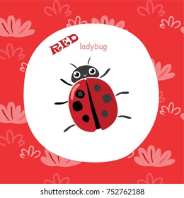 Red color learning card for your baby with ladybug in white circle and red background with grass.