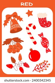 Red color. Learning colors for children. Christmas elements. Education. Vector illustration