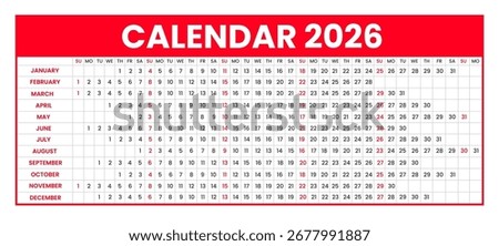 red color Linear planner calendar for 2026. Horizontal or Landscape orientation grid 2026 Linear planner calendar week starts on Sunday. 2026 Linear calendar Annual schedule grid with 12 month.
