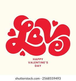 Red color Love decorative text for Valentine's Day greeting card, sticker, label tag. Romantic love typography logo with hearts elements. Retro style cartoon lettering design for t shirt.