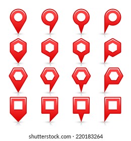 Red color map pin icon satin location sign with empty copy space, gray shadow and reflection isolated on white background. Web design element save in vector illustration 8 eps