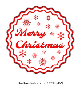 Red color of Merry christmas with snowflake badge or sticker on white background