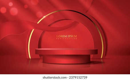 red color modern and creative presentation podium design element. award backdrop,product display and marketing abstract platform template with light rays.