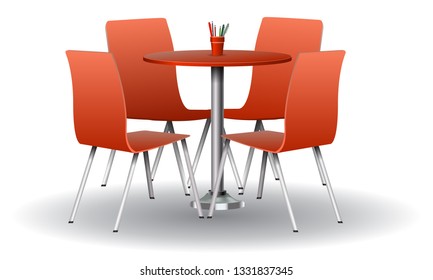 Red color Modern round table with chairs. Vector illustration.