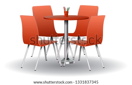 Similar – Image, Stock Photo Red tables, red stools, on them colorful plastic bowls, form a group of round shapes