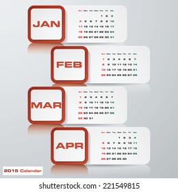 red color modern simple editable vector calendar 2015. 4 months January-April