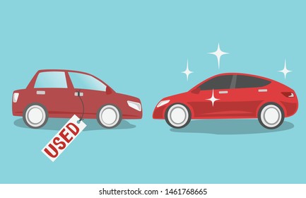 Red Color New Car And Old Used Car With Tag Isolated On Blue Background.vector Illustration