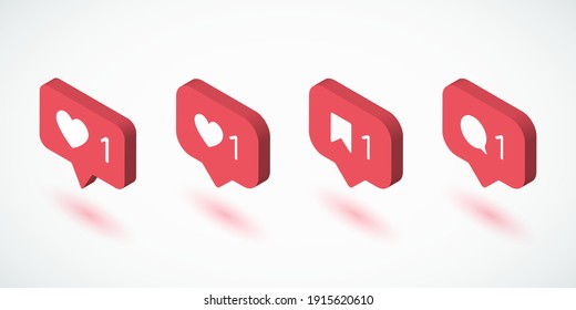 Red color notification counter isometric templates. Love, heart web symbol app, ui. Social media concept. Vector illustration. EPS 10