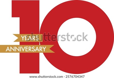 red color number 10 with gold ribbon and word year anniversary white color.