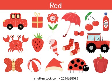 Red color objects set. Learning colors for kids. Cute elements collection. Educational background. Vector illustration