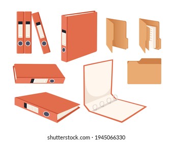 Red color office supplies hard cardboard folders with iron rings office accessories vector illustration on white background