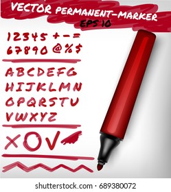 Red color open permanent marker pen, handwritten digits set, numerals, figure and alphabet check sign, plus, line.Vector felt-pen illustration 
