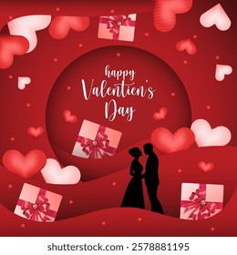 a red color palette symbolizing love Happy Valentine's Day is central surrounded by red and white hearts gift boxes and a couple silhouette The design includes a circular frame