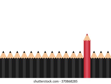 Red color pencil standing out from dull pencils. Think different concept.