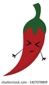  A red color pepper with green stem two hands and closed eyes, vector, color drawing or illustration. 