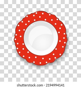 Red color plate with figured edges and polka dot pattern isolated on transparent background