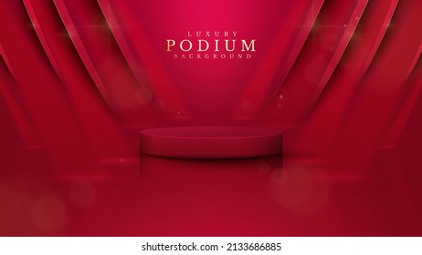 Red color podium with ribbon elements and gold lines with glitter light effect decoration and bokeh.