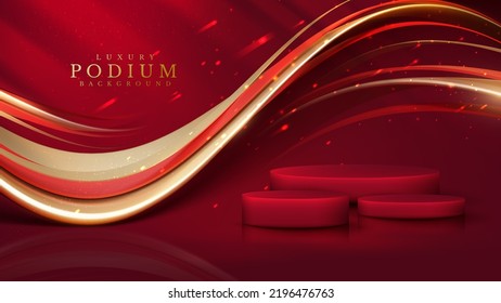 Podium couleur rouge avec des éléments de ruban et des lignes dorées avec une décoration et des effets de lumière éclatants.