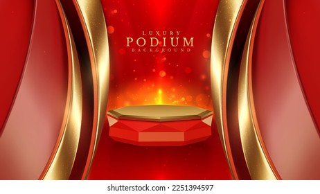 Red color podium with ribbon elements and gold lines with glitter light effect decoration and bokeh.