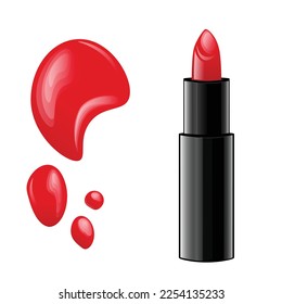 Palo de labios realistas de color rojo. Elemento de diseño vectorial aislado en fondo blanco. Cuidado de belleza y cosméticos Concepto Vector Ilustración Lápticas con manchas de pintura salpicaduras de agua brillante de muestra.