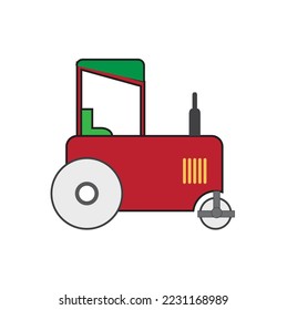 A red color road roller with green canopy  - Illustration of construction machinery - Vector , icon 