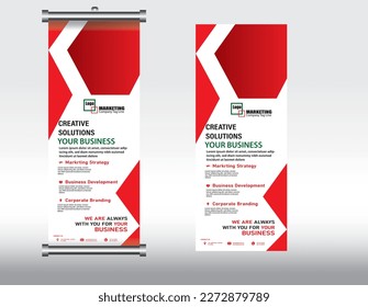 Red Color Roll Up Banner template, business flyer, stand design, advertisement display, vector illustration