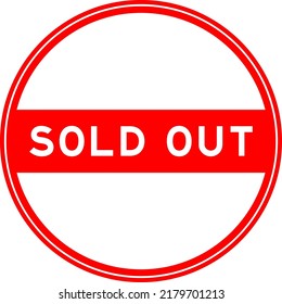 Red color round seal sticker in word sold out on white background